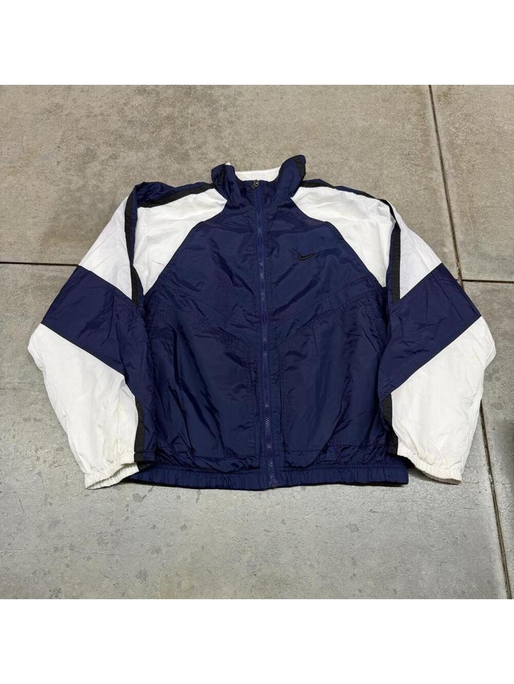 vintage nike navy blue and white small swoosh full zip windbreaker jacket large
